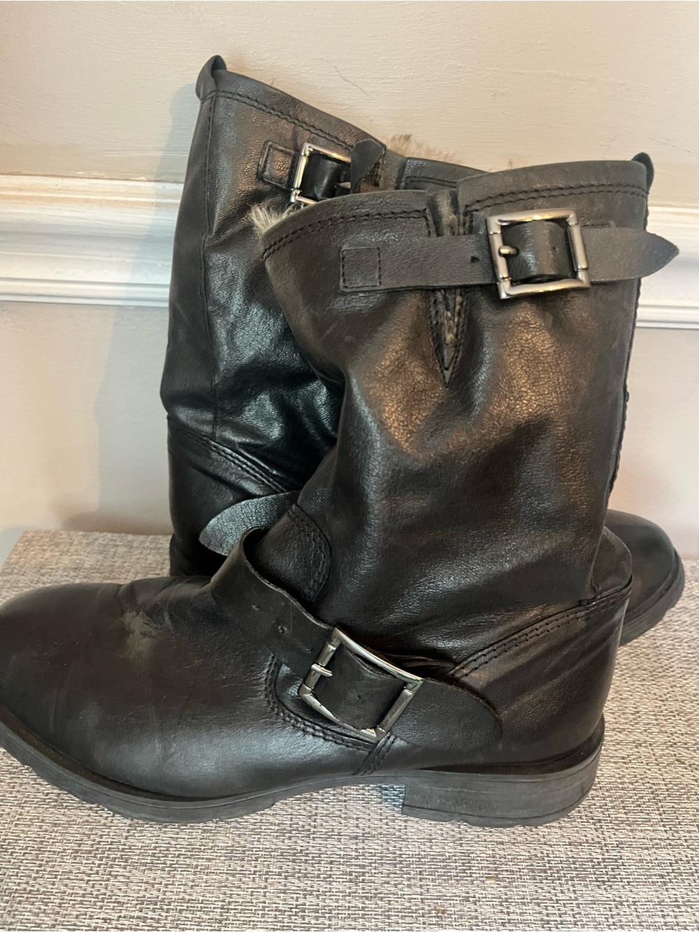 Kurt Geiger Black Leather Buckle Moto Boots - Women